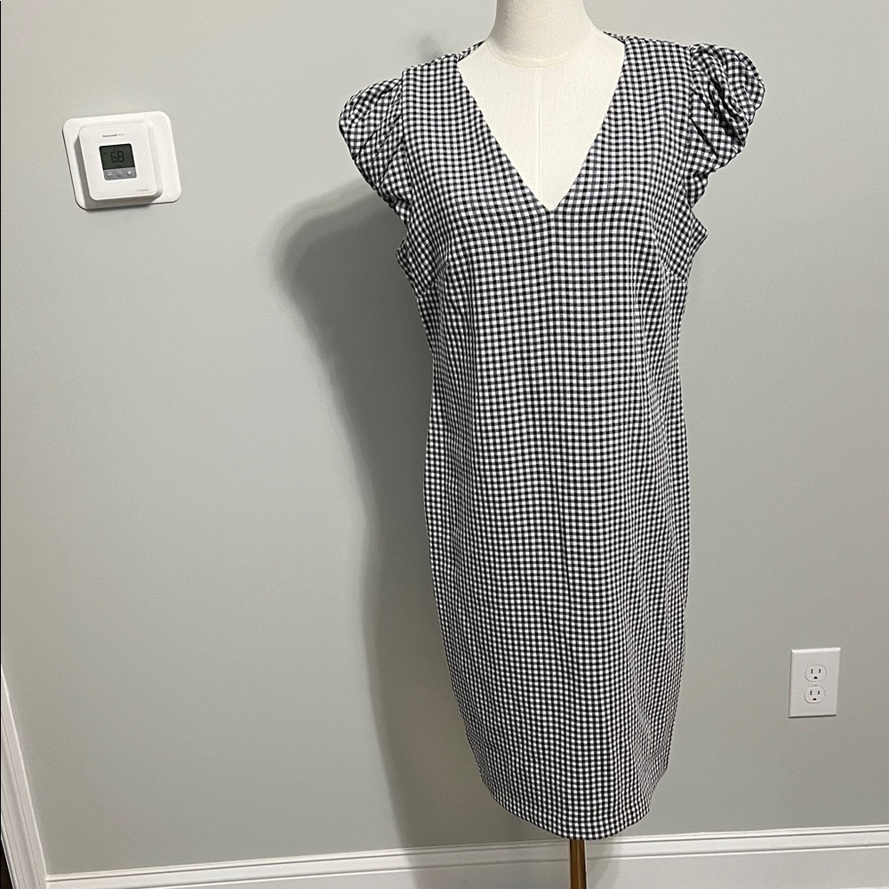 Calvin Klein Black and White Gingham V-Neck Midi Dress
